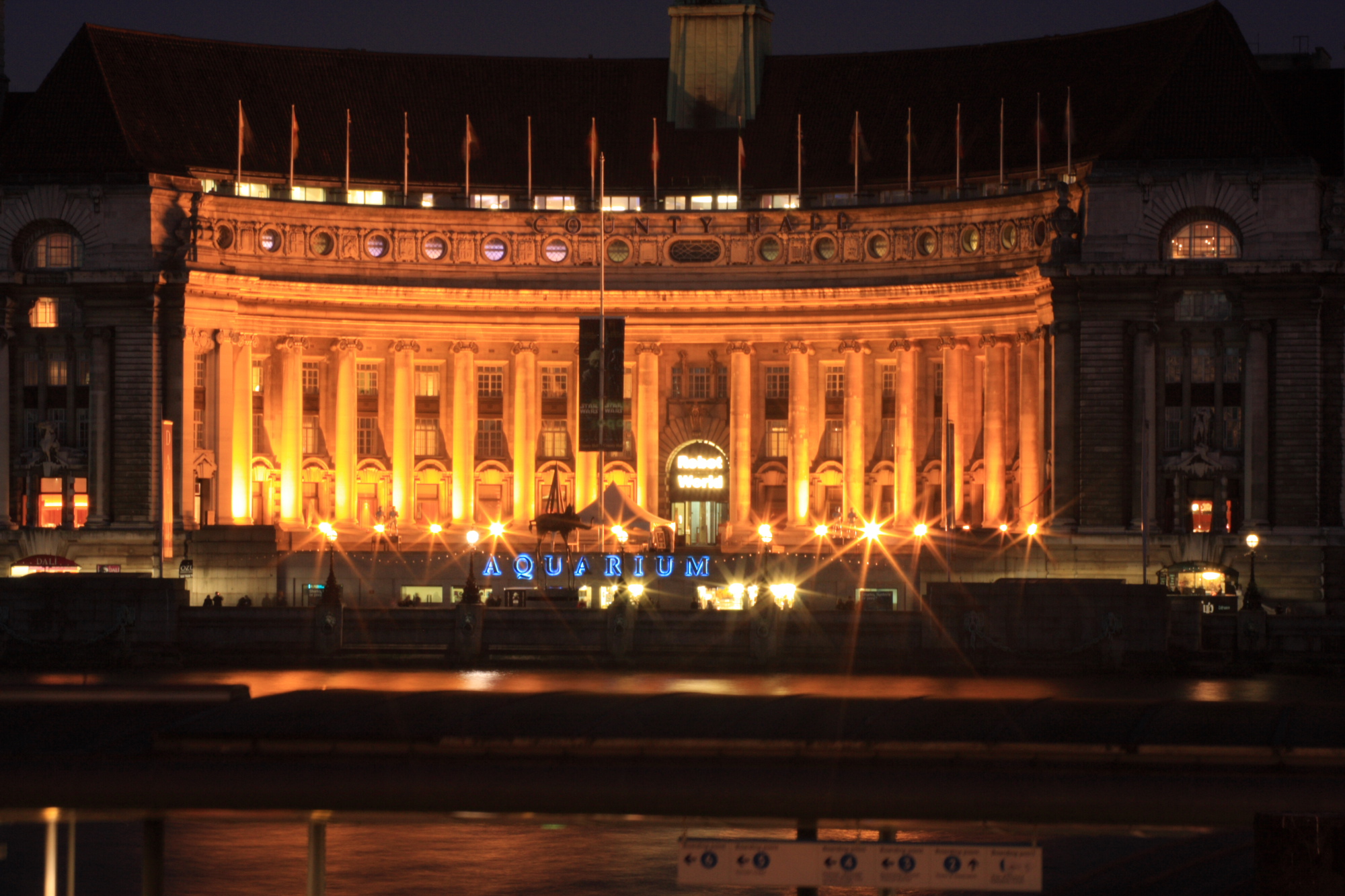 County Hall illuminated at night.