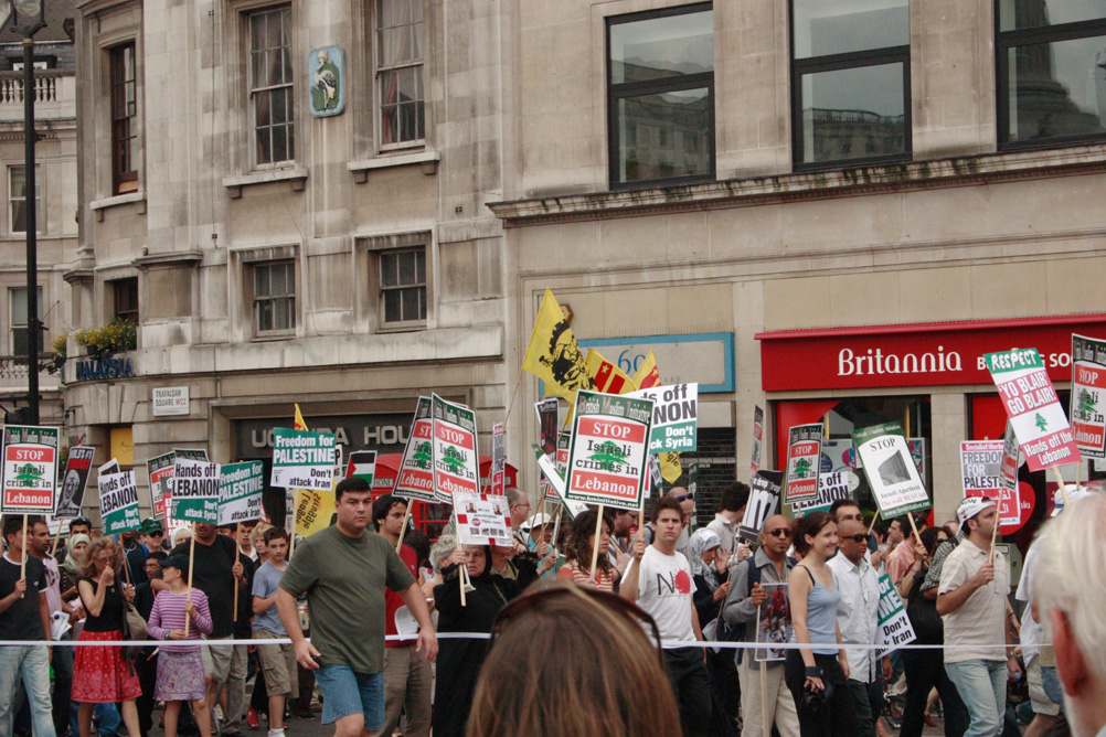 Anti war demonstration in Trafalgar Square protesting against the Israeli invasion of Lebanon - taken on 22nd July 2006.